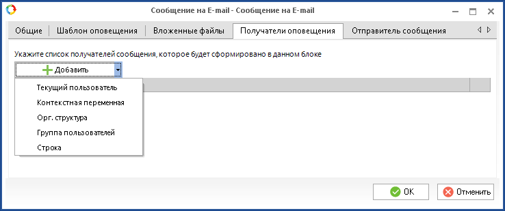 Вкладка «Получатели сообщения»